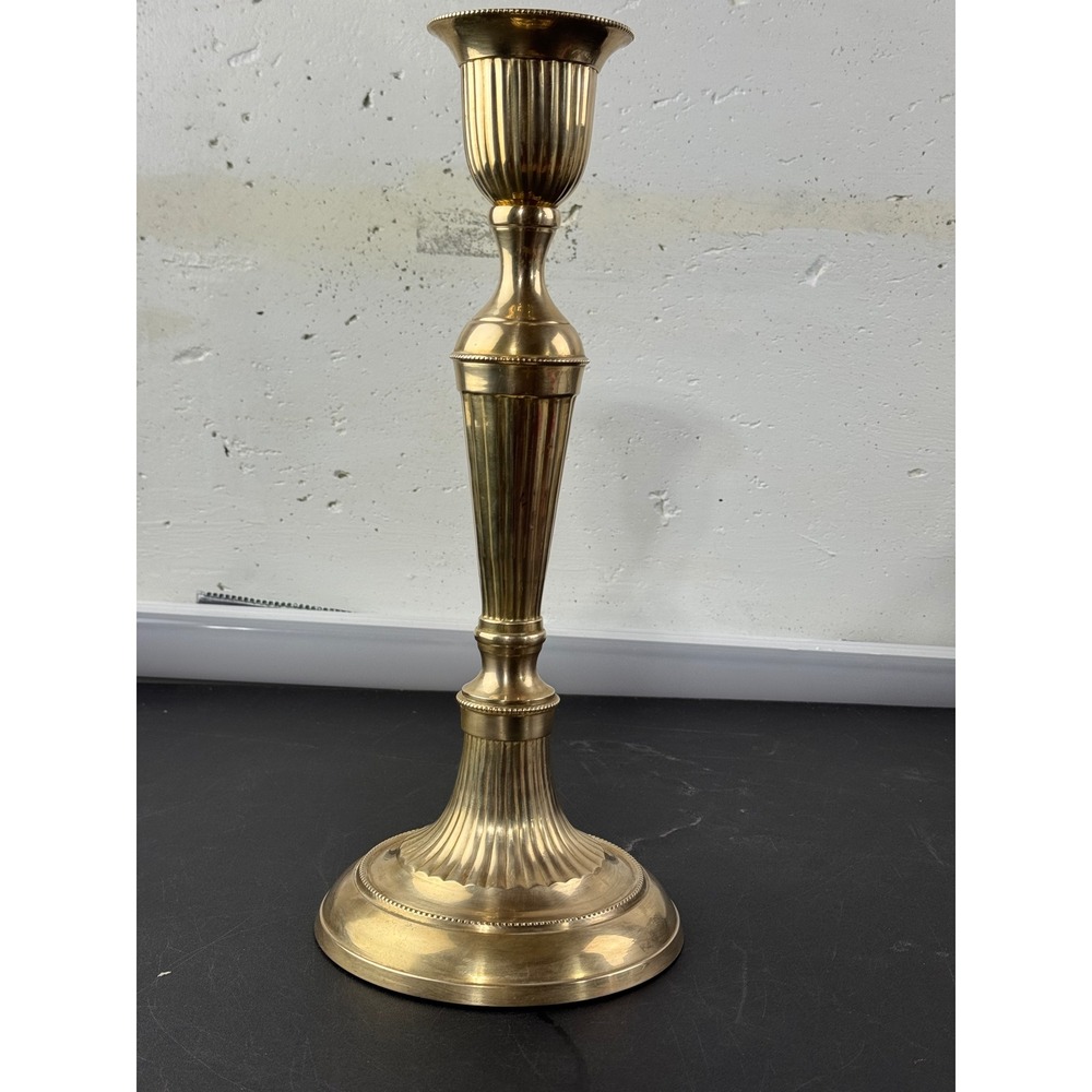 Vintage Tall Fluted Brass Candlestick Holder Beaded Trim Neoclassical 14 in